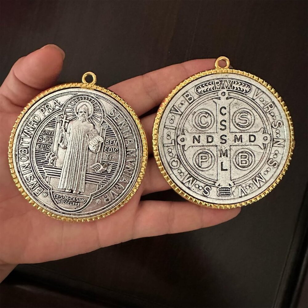 2PCS ST BENEDICT CROSS MEDAL 3 INCH VINTAGE BRASS TONE FINISH FOR WALL OR DESK